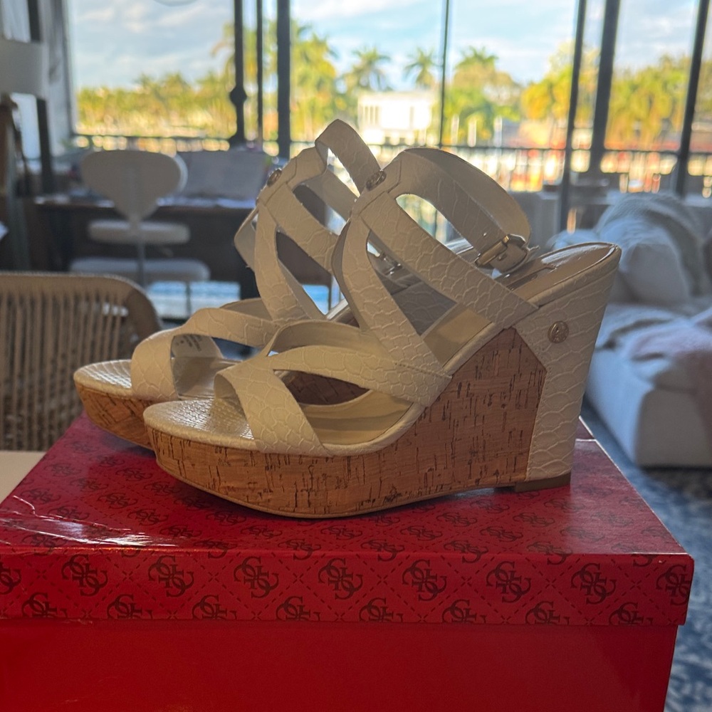 Guess White Textured Cork Wedge Sandals - Picture 2 of 2